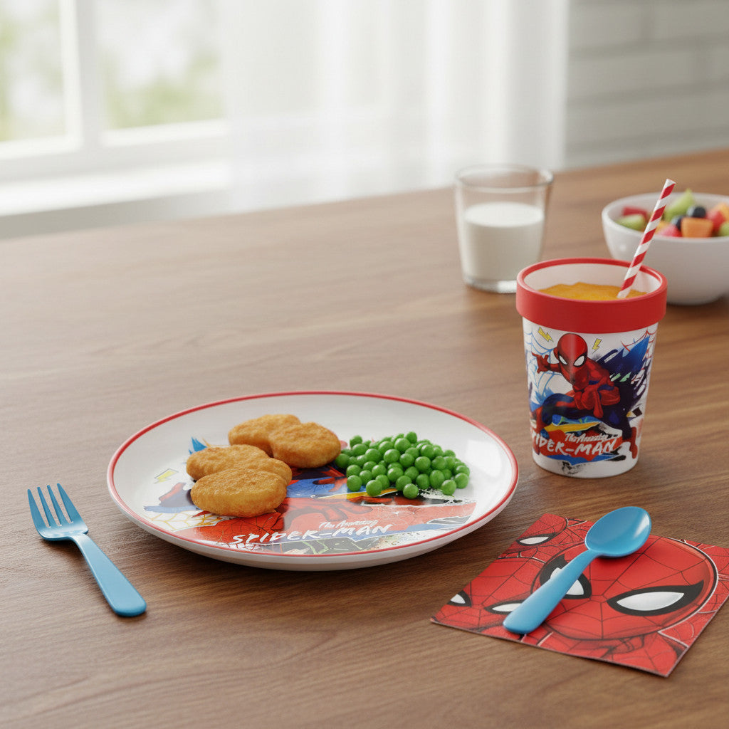 Set di stoviglie bicolore composto da 2 pezzi: Piatto e bicchiere per bambini con base antiscivolo SPIDER