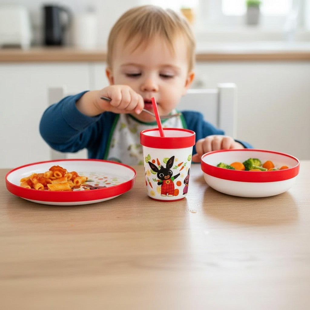 Set di stoviglie riutilizzabile  bambini bicolore – Set composto da 3 pezzi: Piatto, ciotola e bicchiere  bambini e bebé