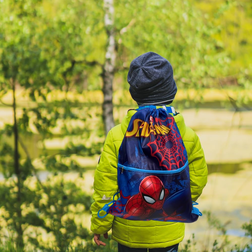 SPIDERMAN - Sacca Sportiva con manici e tasca per Bambino, Borsa Coulisse Zaino per Asilo, Palestra, Piscina, Viaggio, Portascarpe | per SPIDERMAN