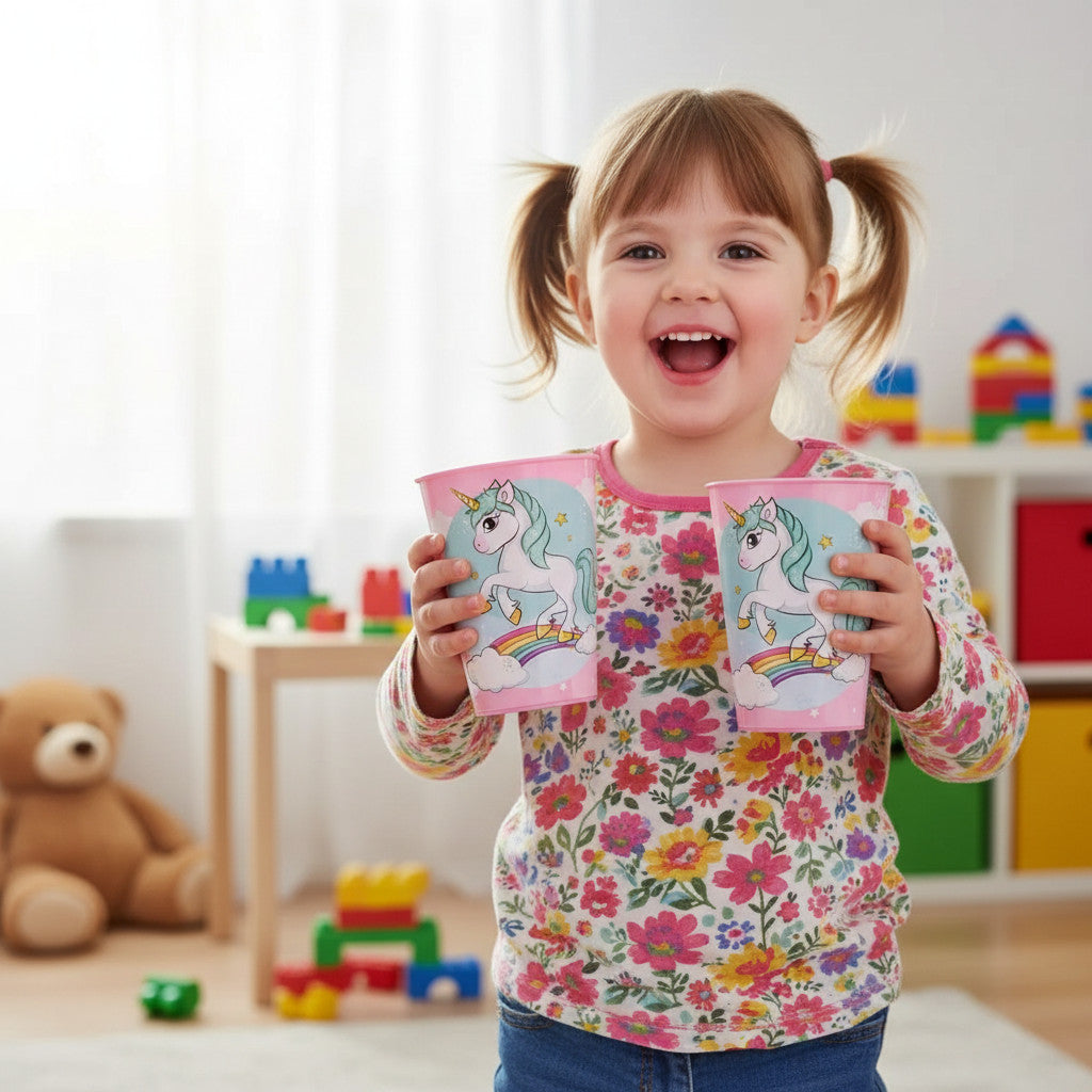 Set 2 Bicchieri per Bambini 260 ml in plastica Senza BPA Regalo per Ragazzi (Unicorno)