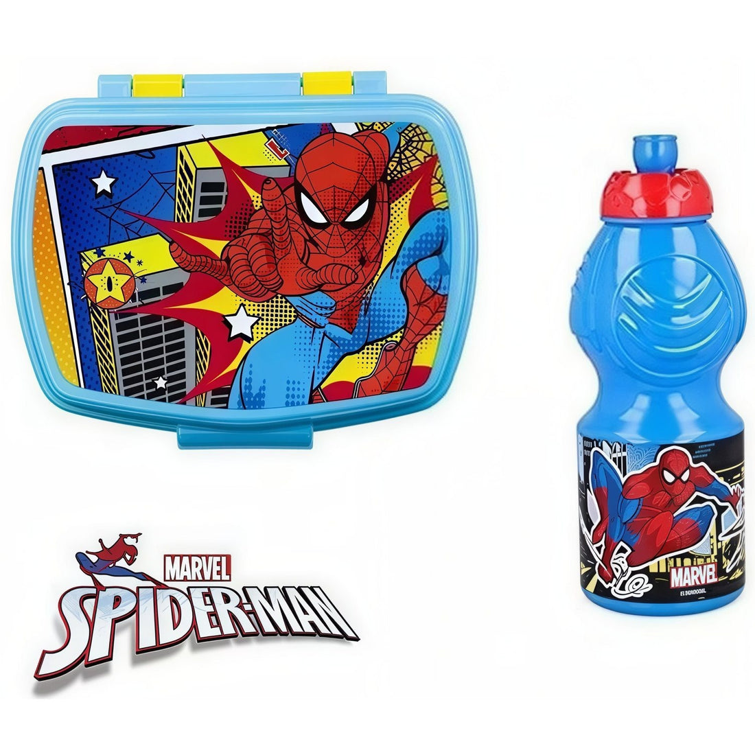 Set Pranzo Scuola 2 Pezzi Portamerenda e Borraccia in Plastica Bambini Bambino Merenda Launch Box - BPA Free (Spiderman)