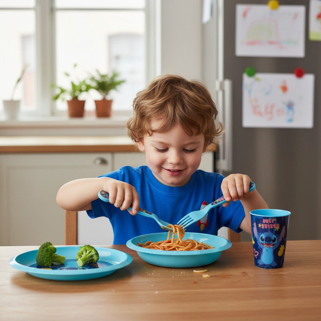 Set di stoviglie riutilizzabile per bambini bicolore – Set composto da 5 pezzi: Piatto, ciotola, bicchieri e posate per bambini e bebé