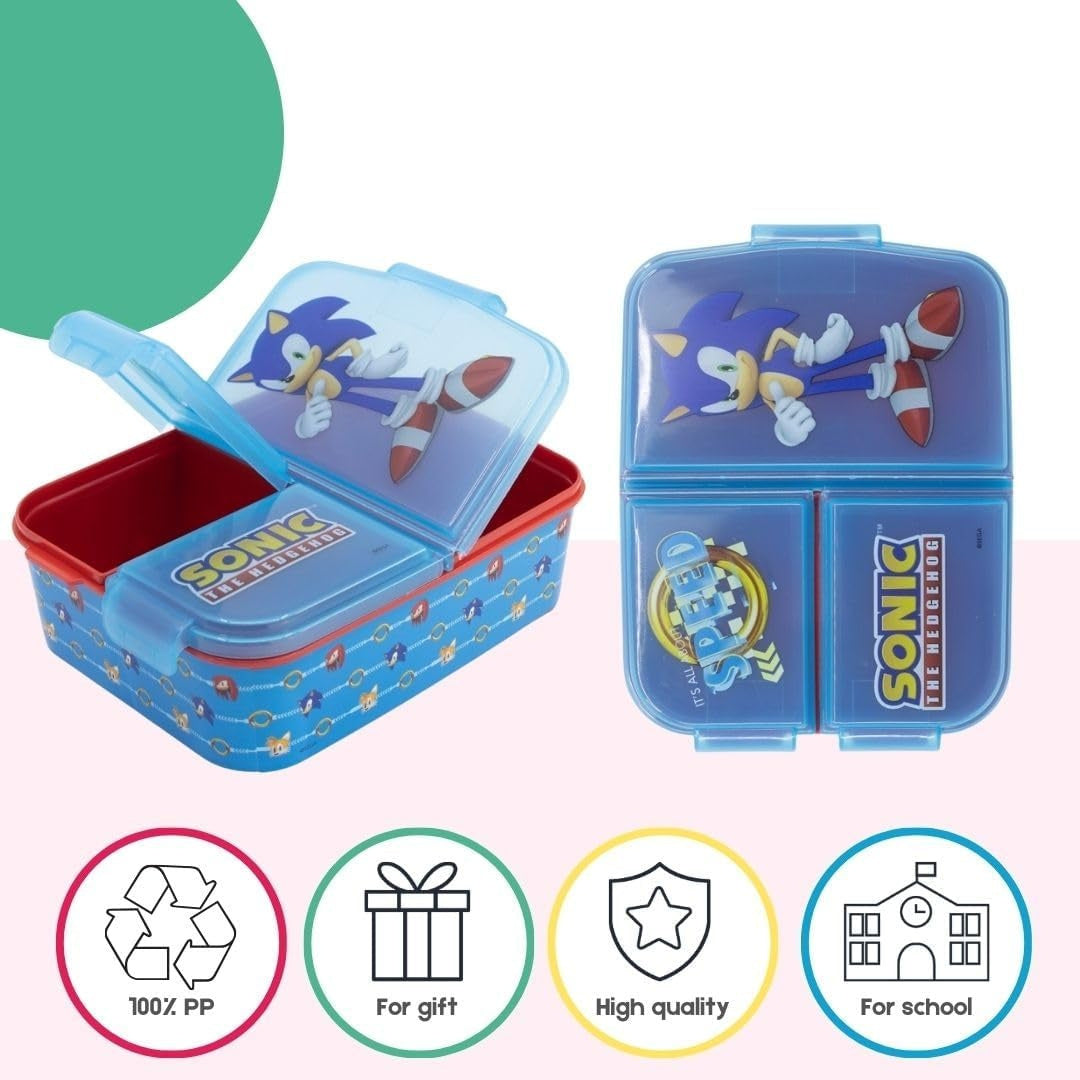 SONIC - Porta Merenda Scuola con 3 scomparti Portamerenda in Plastica Bambini Pranzo Launch Box - BPA Free