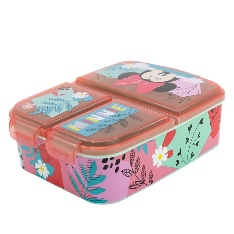 Porta Merenda Scuola con 3 scomparti Portamerenda in Plastica Bambini Pranzo Launch Box - BPA Free (per Minnie Mouse)