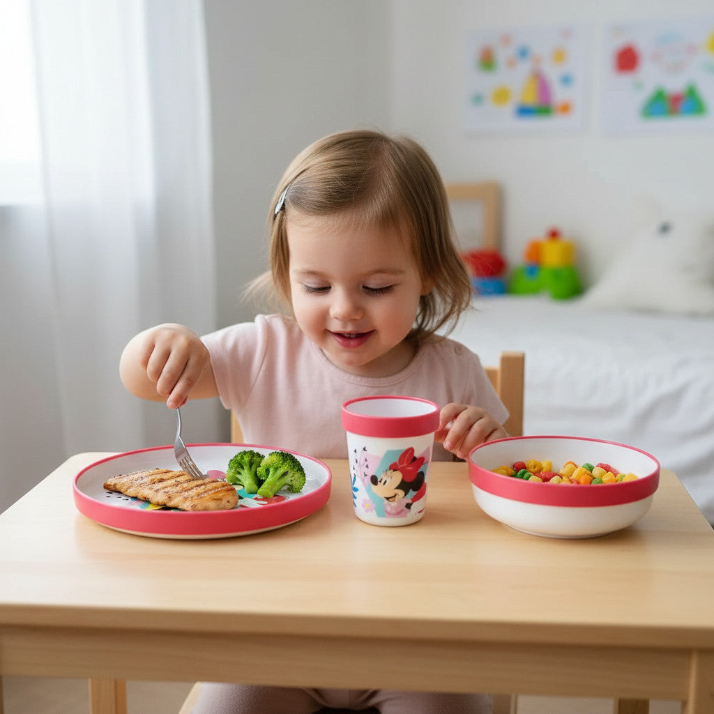 Set di stoviglie riutilizzabile  bambini bicolore – Set composto da 3 pezzi: Piatto, ciotola e bicchiere  bambini e bebé
