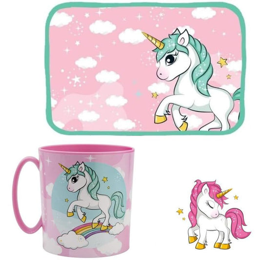 Set Merenda Colazione 2 Pezzi con Tovaglietta Ripiegabile Morbida Sottopiatto Pieghevole e Tazza Bicchiere 350ml per Microonde (UNICORNO)