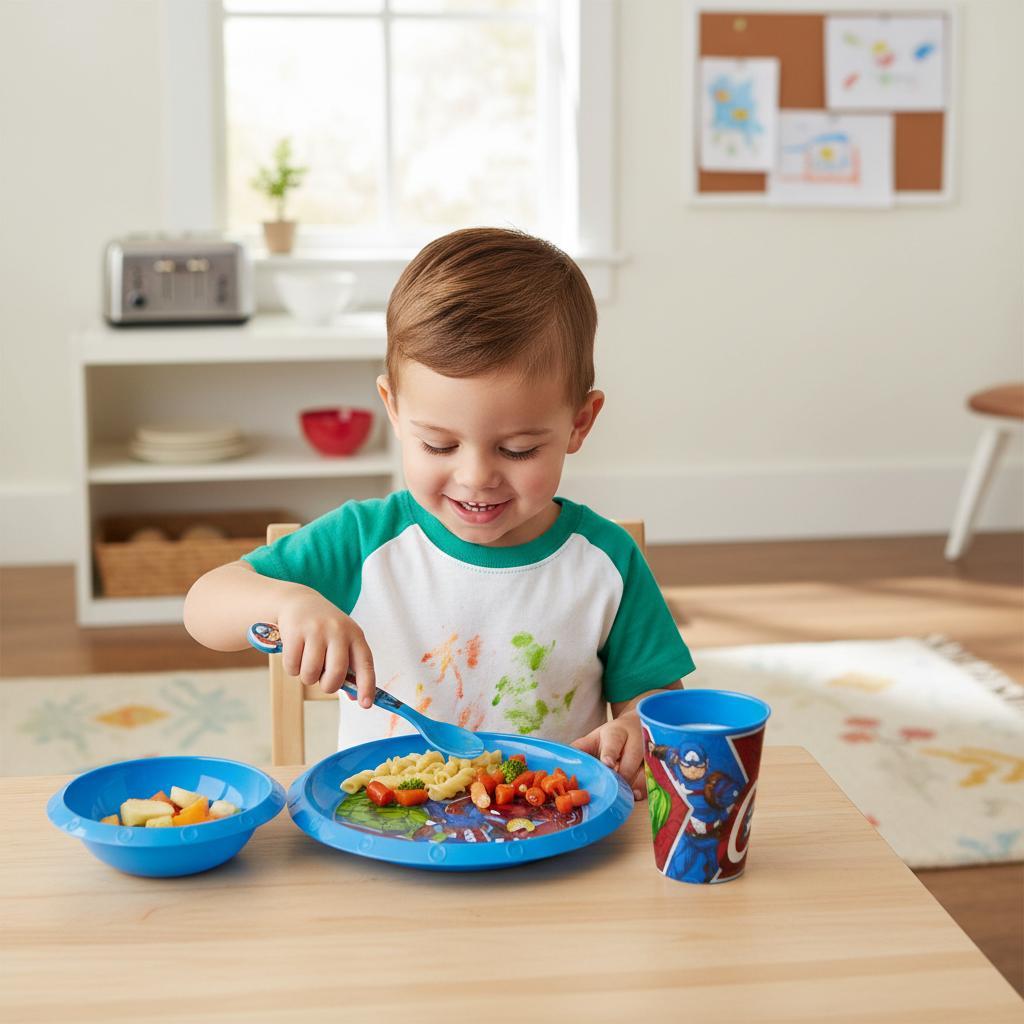 HULK - Set di stoviglie riutilizzabile per bambini bicolore – Set composto da 5 pezzi: Piatto, ciotola, bicchieri e posate per bambini e bebé
