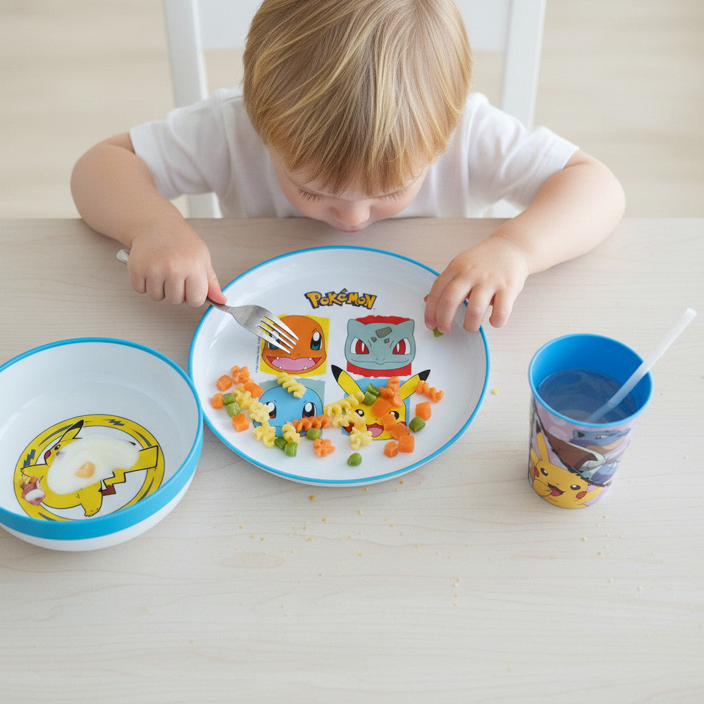 Set di stoviglie bicolore composto da 3 pezzi: Piatto, ciotola e bicchiere per bambini con base antiscivolo