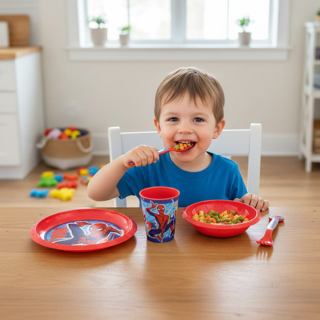 Set di stoviglie riutilizzabile per bambini bicolore – Set composto da 5 pezzi: Piatto, ciotola, bicchieri e posate per bambini e bebé - SPIDER