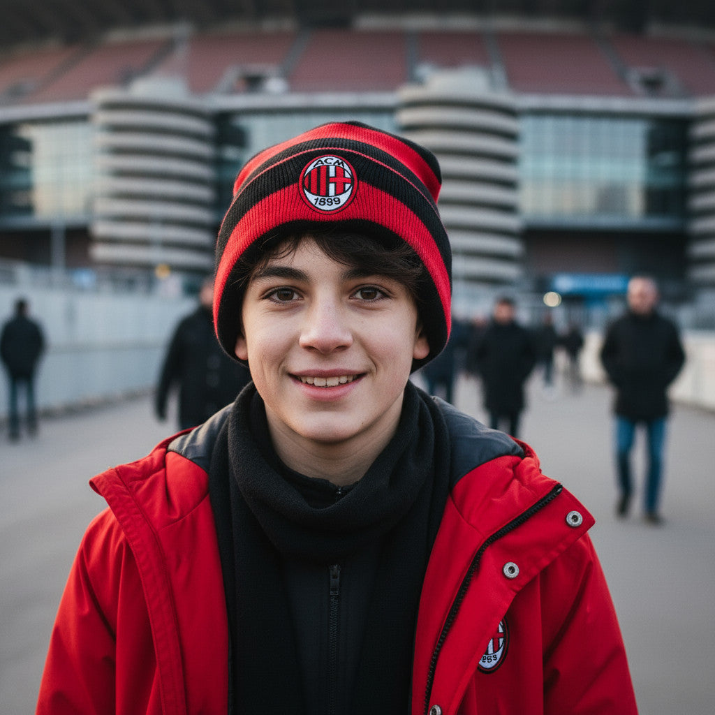 Set Regalo Cappello + Porta Merenda in confezione regalo Tifoso Senza BPA Berretto e Portamerenda per Ragazzi Prodotto Ufficiale (MILAN)