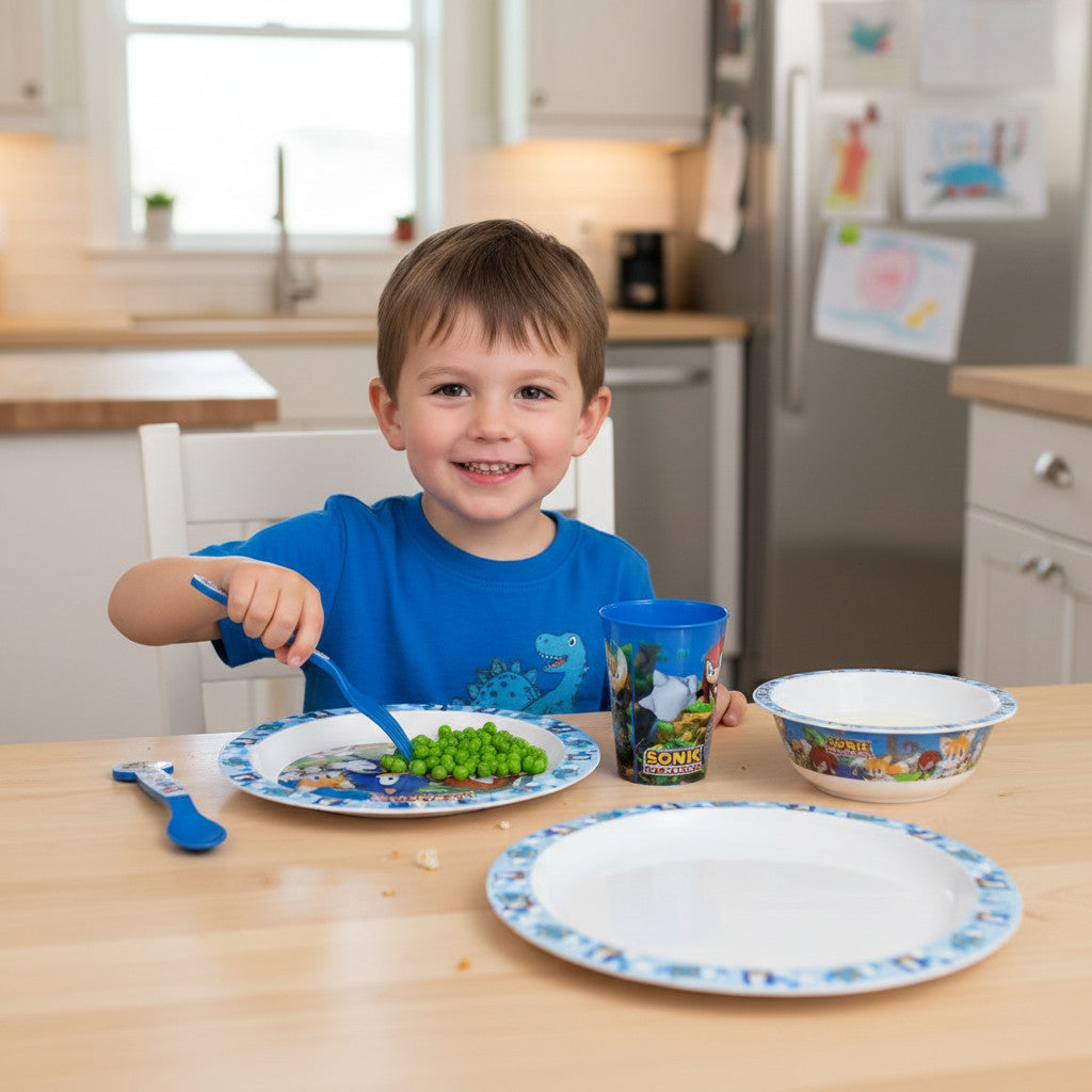 Set di stoviglie riutilizzabile per bambini bicolore – Set composto da 5 pezzi: Piatto, ciotola, bicchieri e posate per bambini e bebé