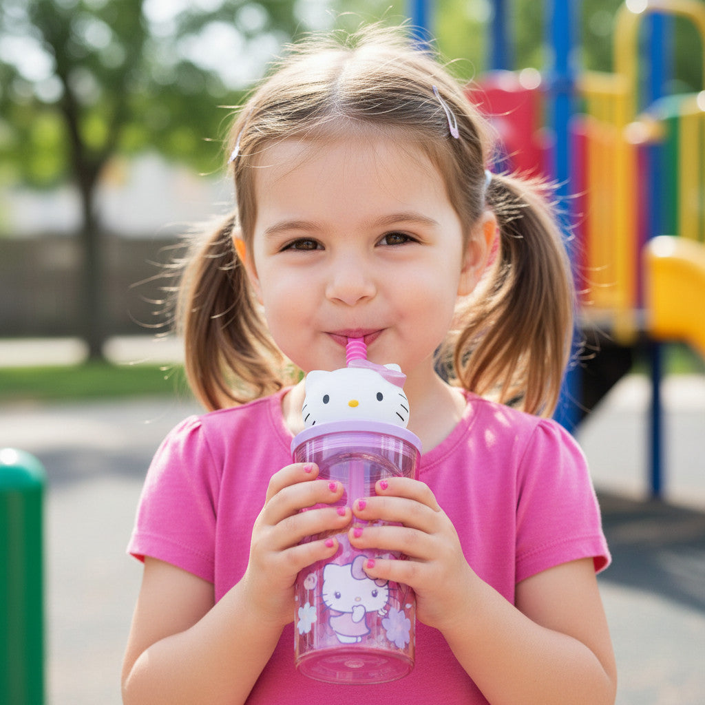 Bicchiere 360ml con Cannuccia e Personaggio 3D HELLO KITTY - Borraccia per Bambini e Ragazzi