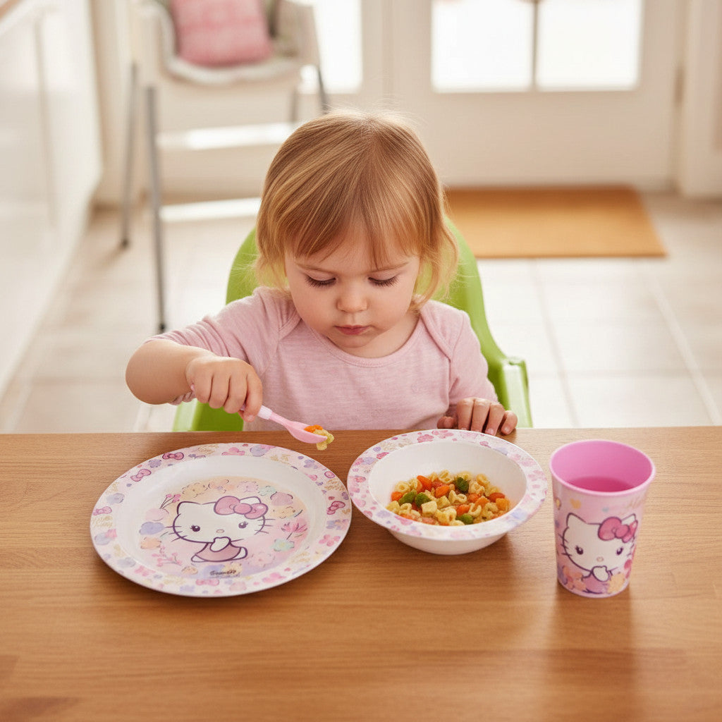 Set di stoviglie riutilizzabile per bambini bicolore – Set composto da 3 pezzi: Piatto, ciotola e bicchiere per bambini e bebé HELLO KITTY