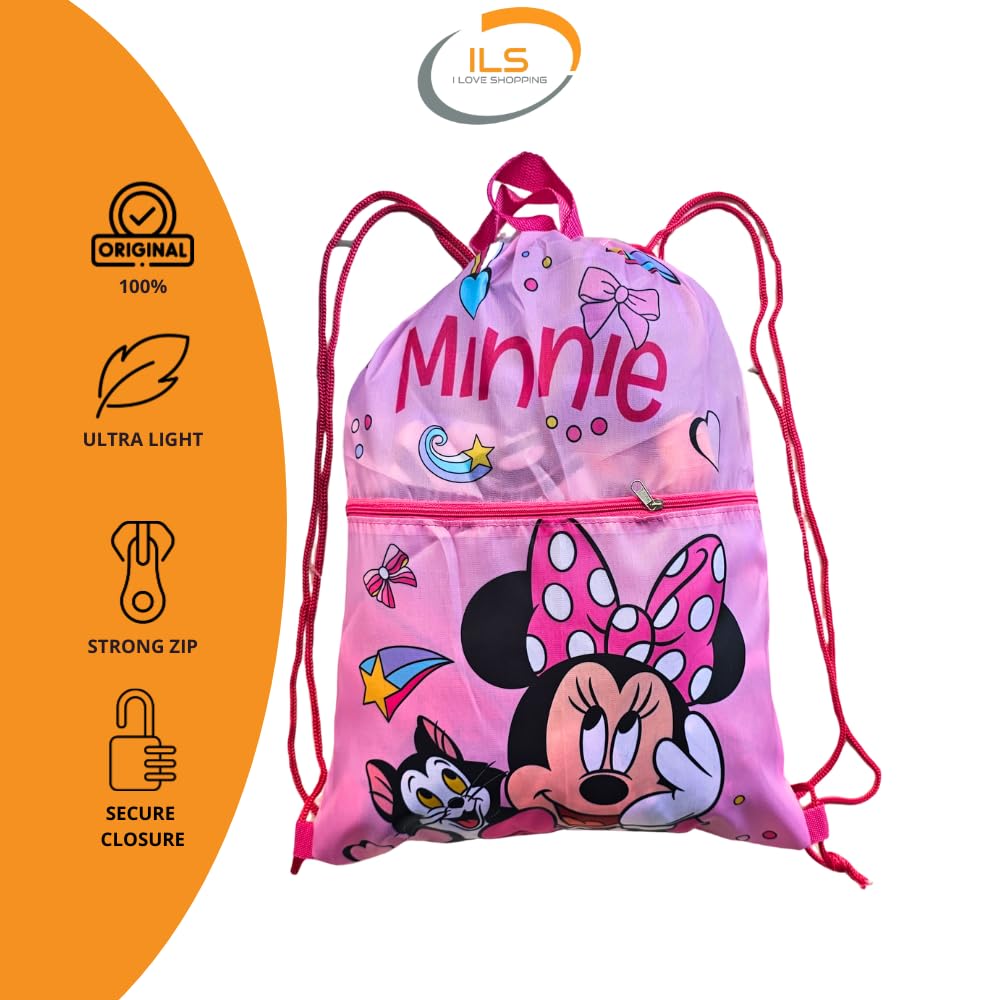 Sacca Sportiva con manici e tasca per Bambino, Borsa Coulisse Zaino per Asilo, Palestra, Piscina, Viaggio, Portascarpe ( MINNIE MOUSE)