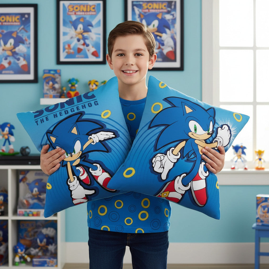 SONIC - Cuscino Ufficiale Arredo 40x40 cm morbido con imbottitura 100% poliestere per cameretta bambini e ragazzi