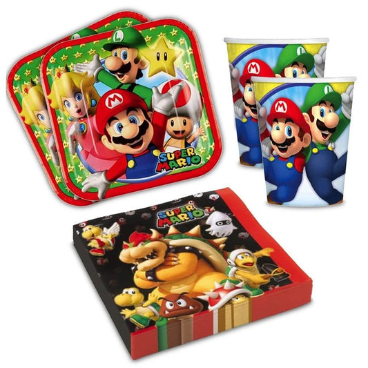Kit Festa Super Mario per 8 persone, Set Decorazioni Addobbi da Tavola Stoviglie Luigi Bros. Yoshi per Compleanno Party Anniversario Halloween Bambino Bambina- 8 piatti, 8 bicchieri, 20 tovaglioli SUPERMARIO