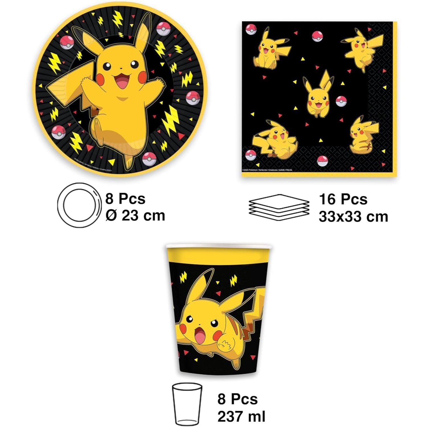 Kit Compleanno Pokemon fino a 8 persone, Set Stoviglie Pikachu Addobbi Decorazioni da Tavola per Festa Party Carnevale Halloween a Tema Bambini, 8 Piatti, 16 Tovaglioli, 8 Bicchieri