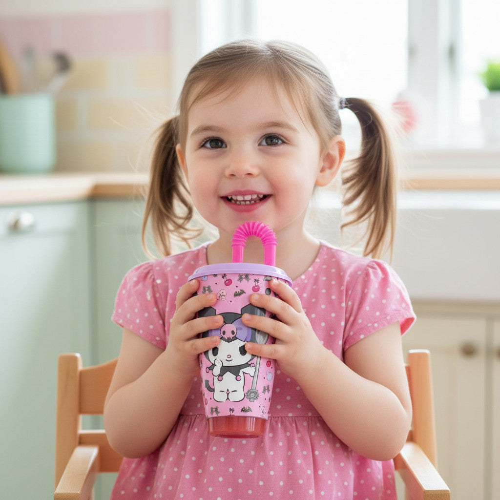 KUROMI - Bicchiere ufficiale Per Bambini Con Cannuccia e coperchio Riutilizzabile - 430 ml