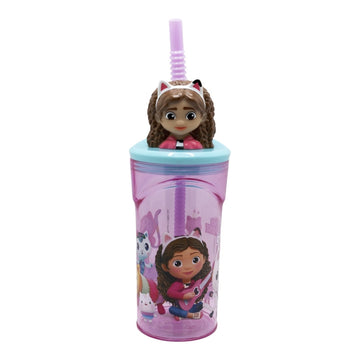Bicchiere 360ml con Cannuccia e Personaggio 3D - Borraccia per Bambini e Ragazzi GABBY'S DOLLHOUSE