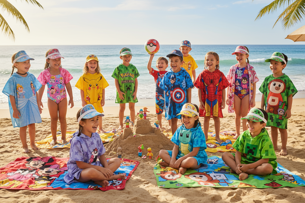 devo mostrare dei bambini che giocano in spiaggia facendo uso di teli mare, poncho, costumi, cappellini con visiera. Tutti gli articoli descritti devono essere prodotti con licenza come disney, marvel, pokemon, minecraft, bing