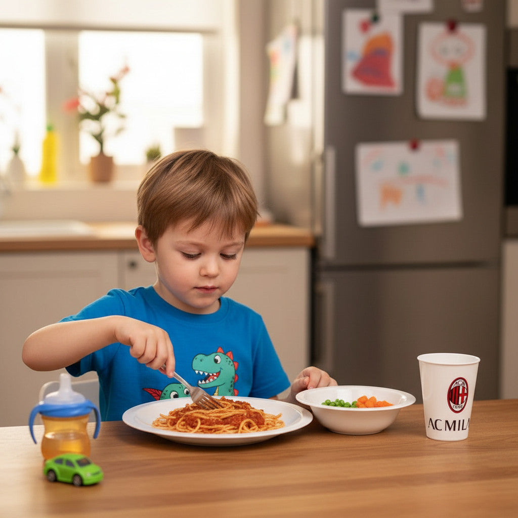 Set Piatti, Gadget Bambini Regalo Scuola - Idea Compleanno Bimbo – Piatto Blu Piano e Fondo Bicchiere 260 ml in Plastica Rigida Lavabili adatti al Microonde