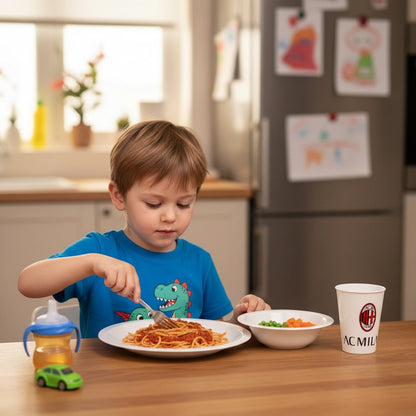 Set Piatti, Gadget Bambini Regalo Scuola - Idea Compleanno Bimbo – Piatto Blu Piano e Fondo Bicchiere 260 ml in Plastica Rigida Lavabili adatti al Microonde