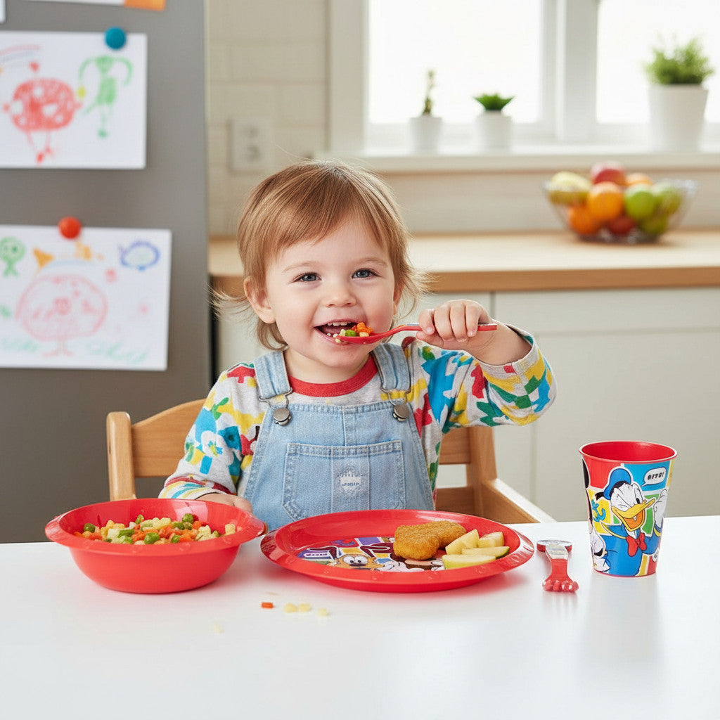 Set di stoviglie riutilizzabile per bambini bicolore – Set composto da 5 pezzi: Piatto, ciotola, bicchieri e posate per bambini e bebé - TOPOLINO