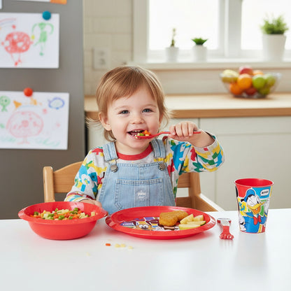 Set di stoviglie riutilizzabile per bambini bicolore – Set composto da 5 pezzi: Piatto, ciotola, bicchieri e posate per bambini e bebé - TOPOLINO