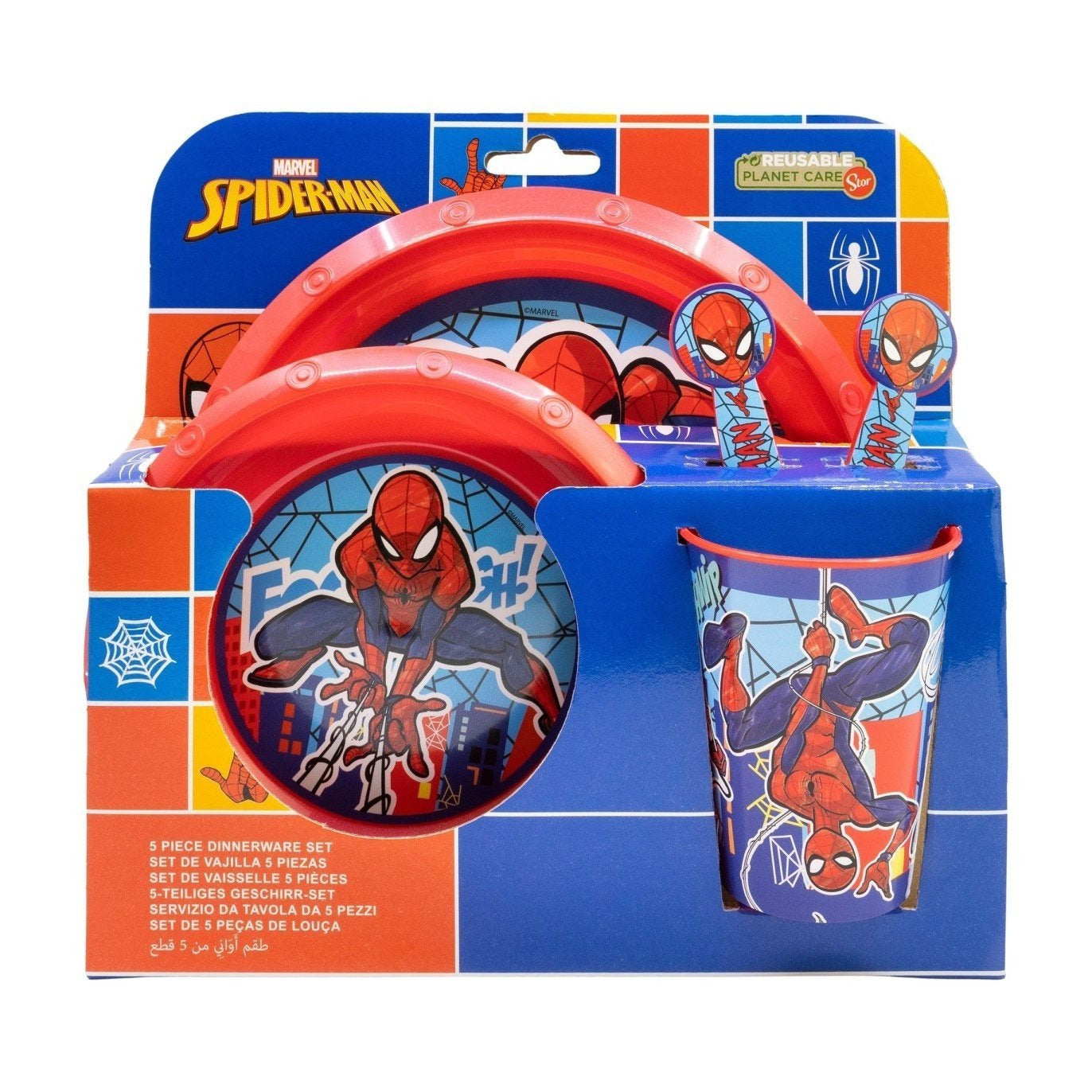 Set di stoviglie riutilizzabile per bambini bicolore – Set composto da 5 pezzi: Piatto, ciotola, bicchieri e posate per bambini e bebé - SPIDER