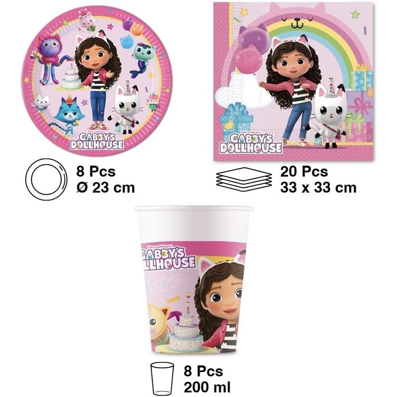 Kit Festa 8 Persone Set Tavola Addobbi Party Compleanno con 8 Piatti, 8 Bicchieri e tovaglioli GABBY