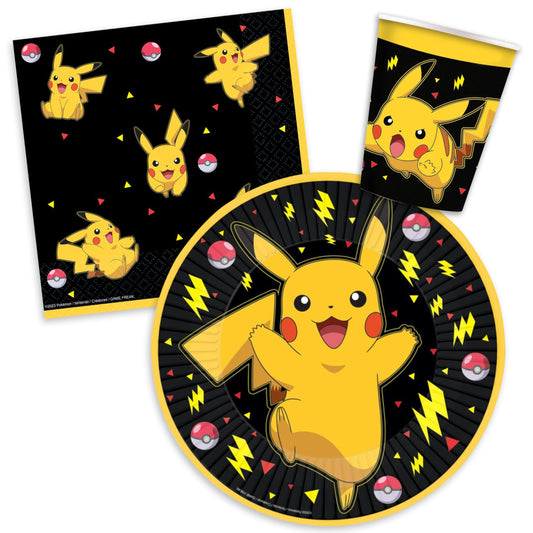 Kit Compleanno Pokemon fino a 8 persone, Set Stoviglie Pikachu Addobbi Decorazioni da Tavola per Festa Party Carnevale Halloween a Tema Bambini, 8 Piatti, 16 Tovaglioli, 8 Bicchieri