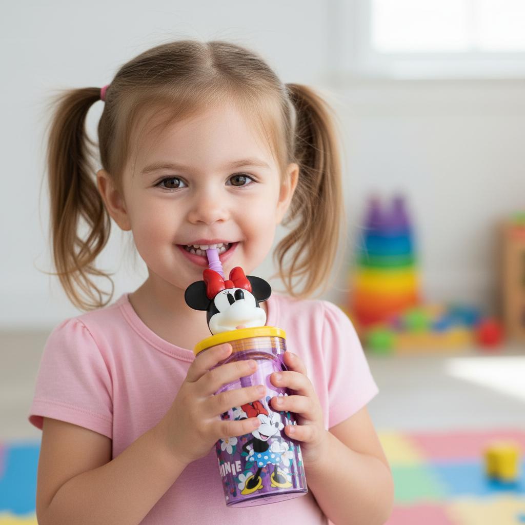 Bicchiere 360ml con Cannuccia e Personaggio 3D Borraccia per Bambini e Ragazzi - TOPOLINA