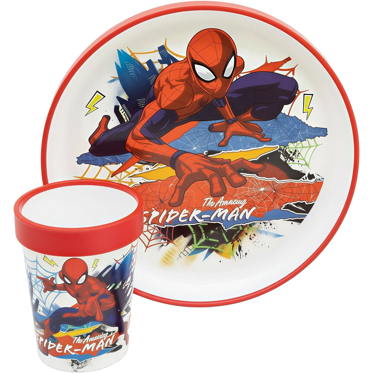 Set di stoviglie bicolore composto da 2 pezzi: Piatto e bicchiere per bambini con base antiscivolo SPIDER
