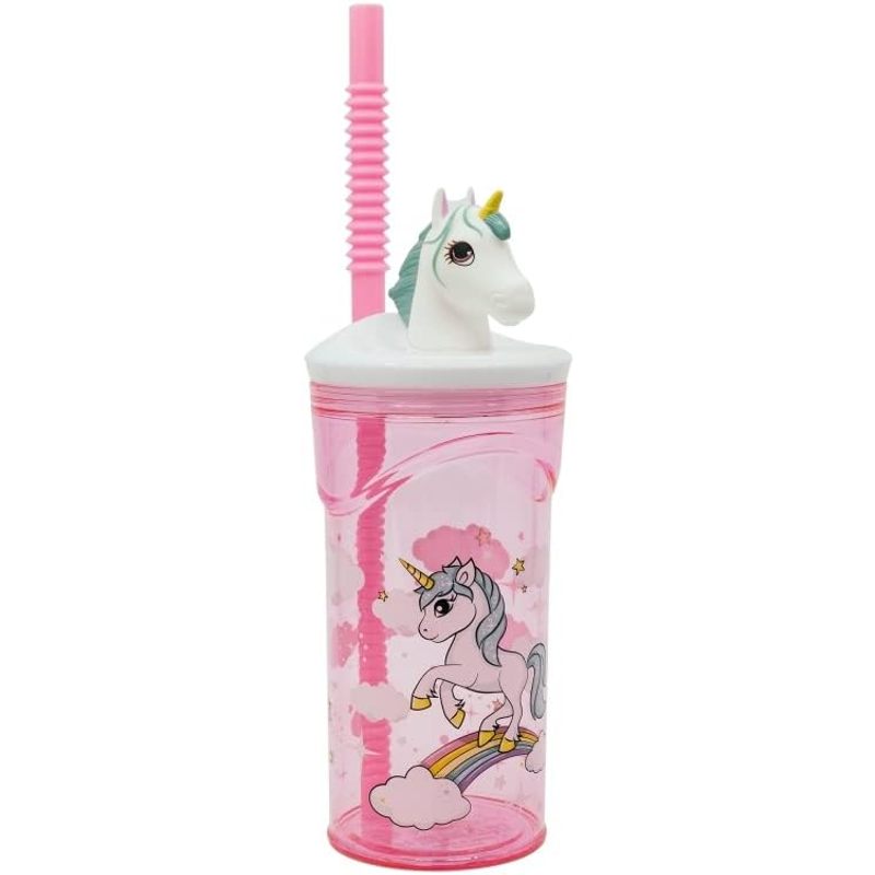 Bicchiere 360ml con Cannuccia e Personaggio 3D Unicorno Bambini BPA Free