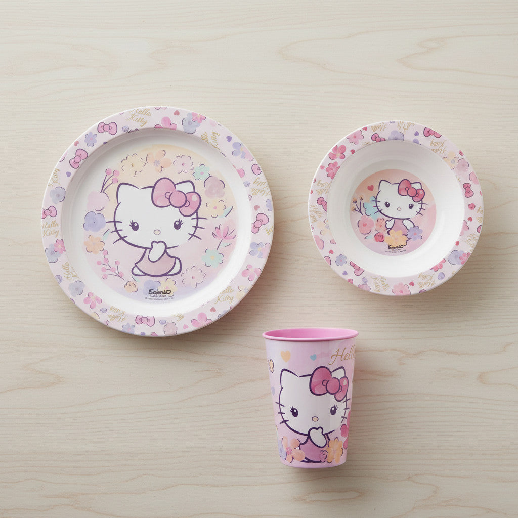 Set di stoviglie riutilizzabile per bambini bicolore – Set composto da 3 pezzi: Piatto, ciotola e bicchiere per bambini e bebé HELLO KITTY