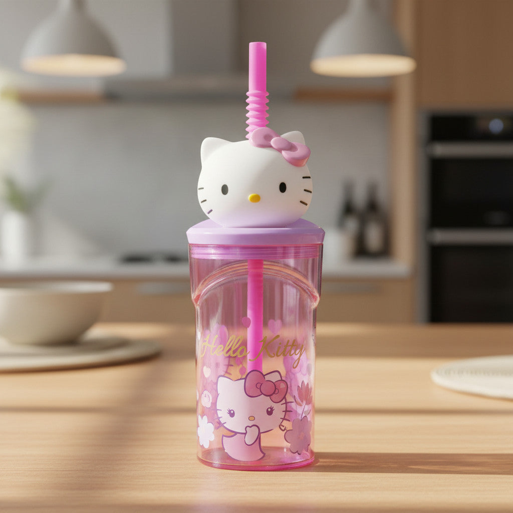 Bicchiere 360ml con Cannuccia e Personaggio 3D HELLO KITTY - Borraccia per Bambini e Ragazzi