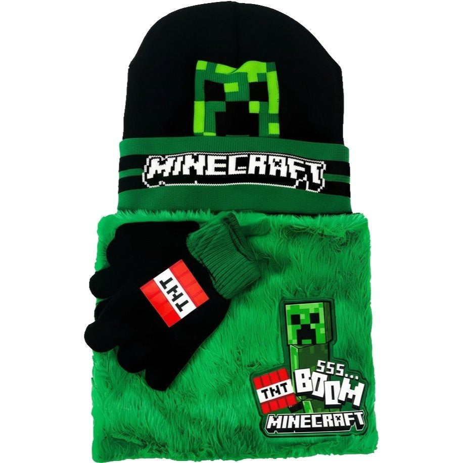 Set 3 Pezzi Cappello Sciarpa Guanti Minecraft Creeper Bambini Taglia Unica