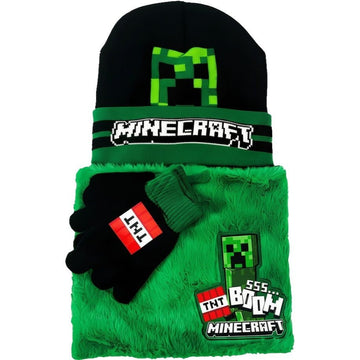 Set 3 Pezzi Cappello Sciarpa Guanti Minecraft Creeper Bambini Taglia Unica