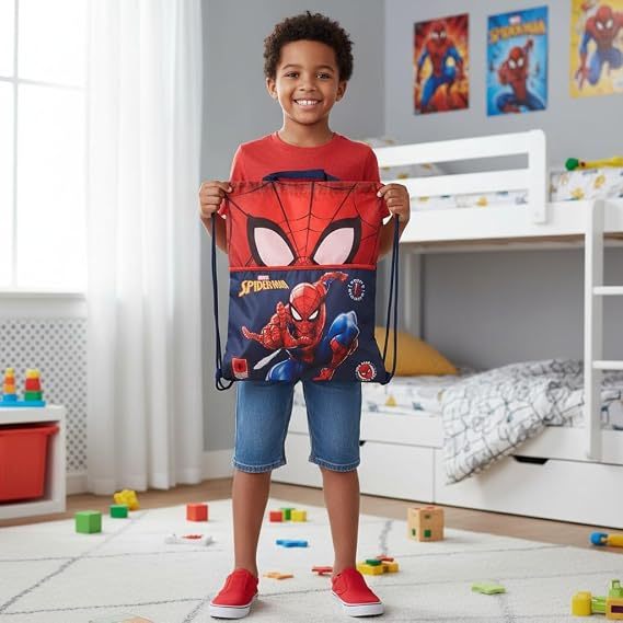 SPIDERMAN - Sacca Sportiva con manici e tasca per Bambino, Borsa Coulisse Zaino per Asilo, Palestra, Piscina, Viaggio, P