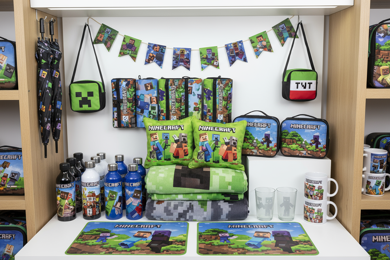 Ho bisogno di un'immagine commerciale che mostra tanti articoli per bambini del brand Minecraft. Tra questi articoli ci sono 2 Tovagliette plastificate
Astucci
Borracce in alluminio
Borracce in plastica
Borselli a tracolla
Contenitori portamerenda
Coperte plaid
Cuscini 40x40
Festoni
Ombrelli 
Sacche sportive
Set 2 bicchieri
Tazze in ceramica